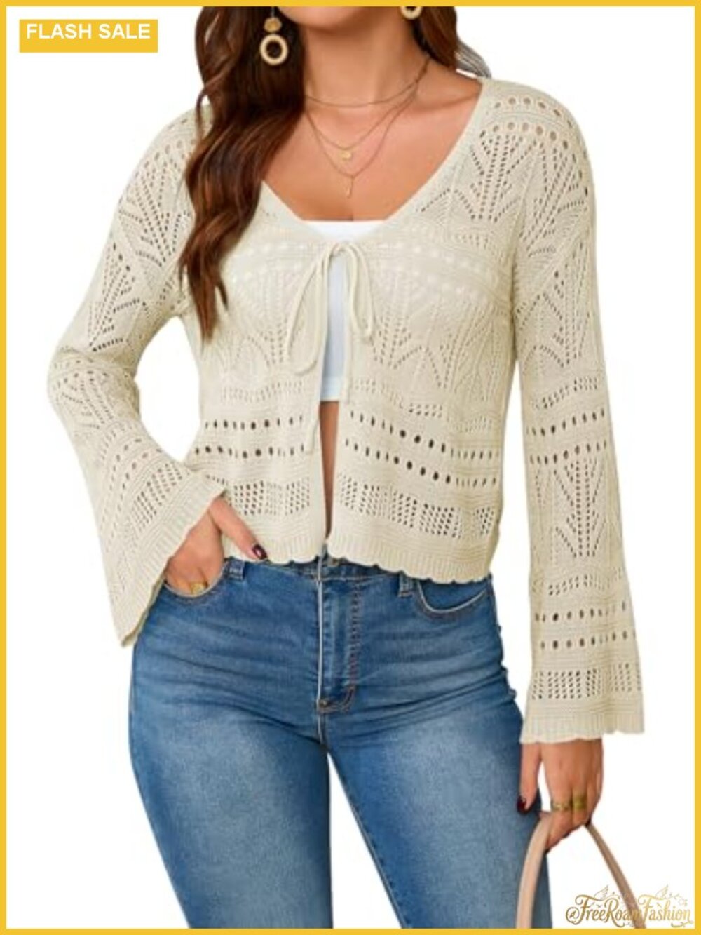 Women's Crochet Cropped Cardigan Tie Front Shrug Bell Sleeve Boho Knit